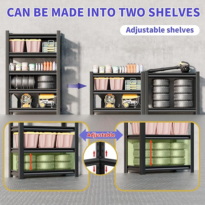 Garage Shelving Unit 24" D x 48" W x 72" H Heavy Duty Storage Shelves Easy Assembly 5 Tier Adjustable Metal Shelving Utility Shelf Rack Garage Storage Organizer for Basement, Warehouse