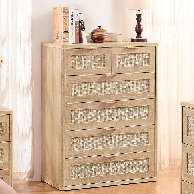 LEYAOYAO Rattan Dresser for Bedroom, 42" Tall Chest of Drawers, Modern 6 Drawers Boho Dressers with Storage, Light Oak Dresser Wooden Closet Organizer for Living Room, Hallway, Natural Wood