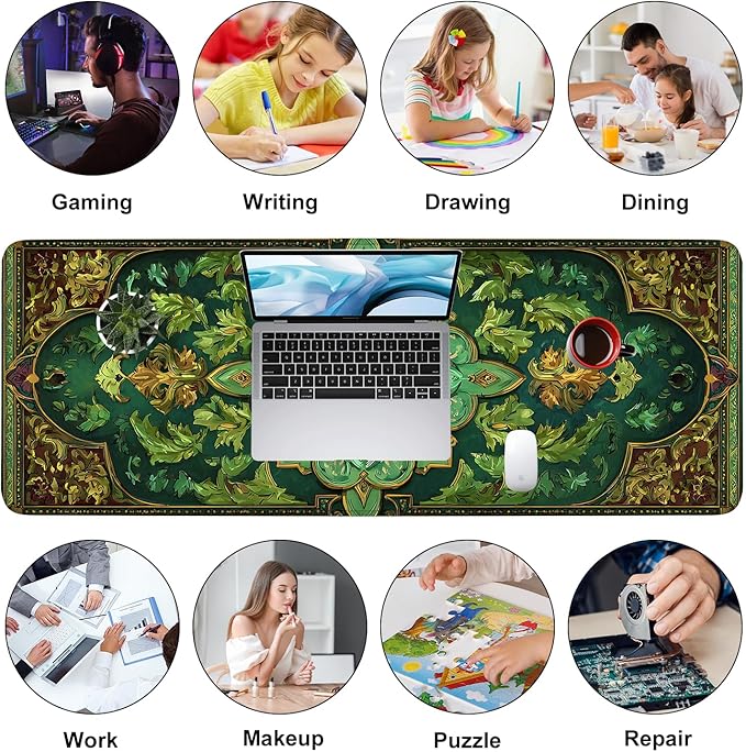 Green Vintage Floral Mouse Pad – Large Extended Desk Mat 31.5 x 11.8 in– Ornate Oriental Carpet Design with Gold & Emerald Motif, Keyboard & Mouse Pad for Office & Home