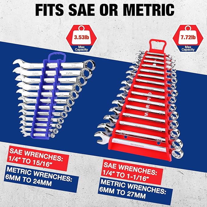 WORKPRO 4-PACK Magnetic Wrench Organizer, 2PC 15-Slot and 2PC 12-Slot Gripper Wrench Holder for Tool Boxes, Flexible Gripping Teeth and Carrying Handle, Fit for SAE and Metric, Blue, Red