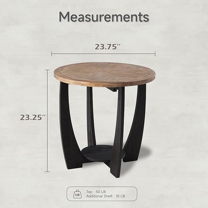 COZAYH Set of 2 Rustic Farmhouse End Tables with Storage Shelf, French Country Modern Round Accent Side Table for Small Spaces, Wood Top & Black Base