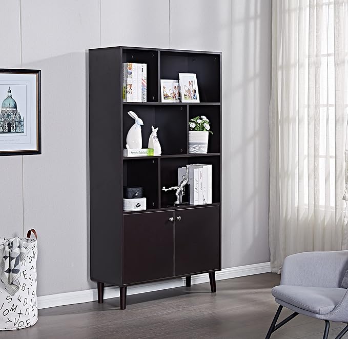 67 in Bookcase with Doors, 3-Tier Bookshelf Farmhouse Bookcases Wooden Deep Bookshelves Storage Cabinet Organizer for Living Room, Study, Kitchen, Home Office,Coffee