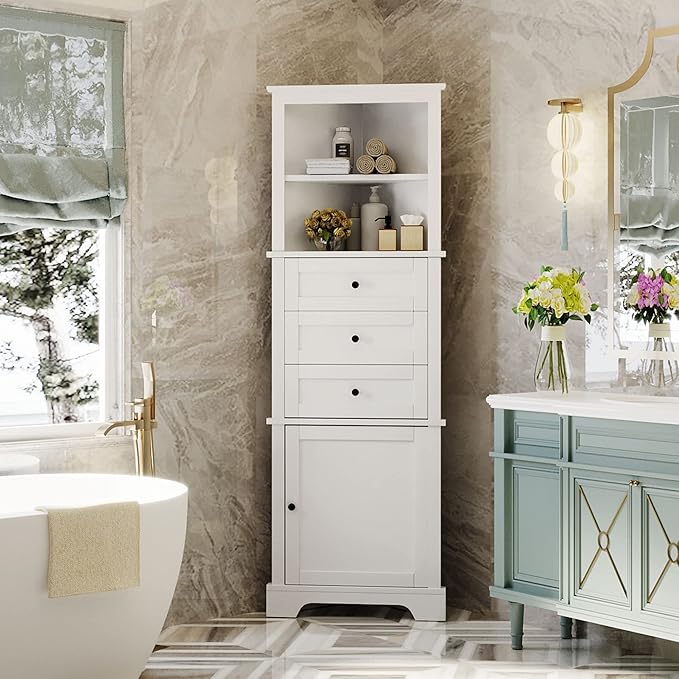 68.9" Tall Triangle Corner Cabinet with 3 Drawers & Adjustable Shelf, Freestanding Storage Cabinet,Water-Resistant, Anti-Tip Design,Space-Saving Organizer for Bathroom, Kitchen, Living Room, White
