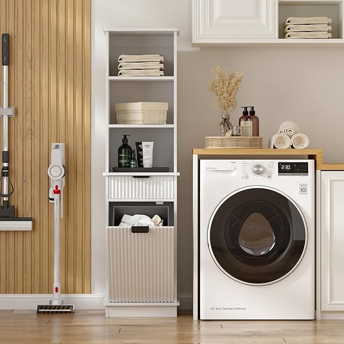 White Tilt Out Laundry Hamper Tall Bathroom Storage Cabinet Hidden Laundry Hamper Cabinet with Drawers and Baskets for Bathroom Hamper with Storage for Bedroom,16x16x59in