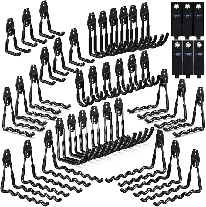 3-H Garage Wall Hooks 42 Pack, Heavy Duty Garage Hooks with Extra Welding Spots, Wall Mount Storage Organizer for Hanging Garden Lawn Tools, Ladder, Bike, WeedEater, Chair, Shovel, Blower (Black)