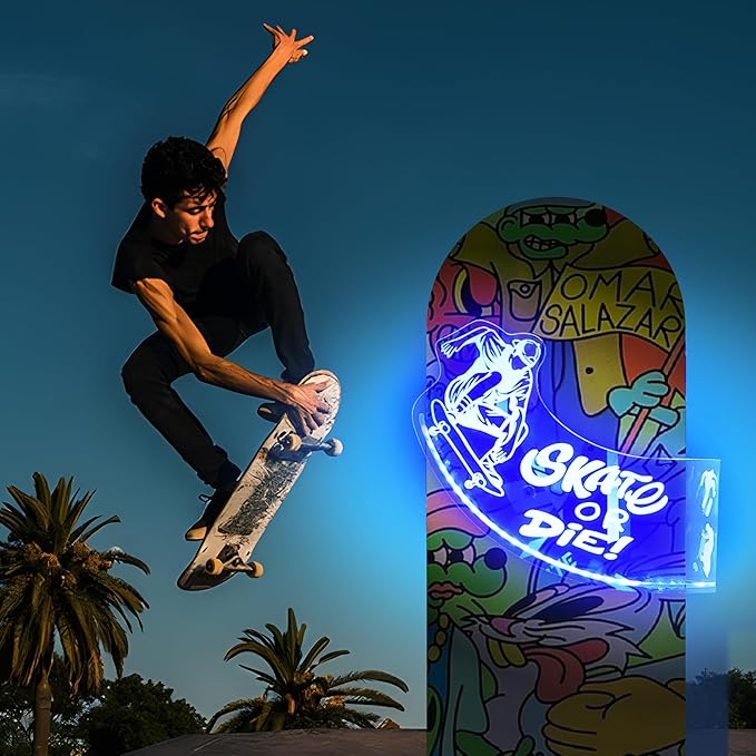 Light Up Skateboard Wall Mount, Acrylic Skateboard Rack with Skateboarding Pattern Blue LED Lights for Trick(Street or Vert) Board Longboard Penny board Storage and Display, Skater Gifts