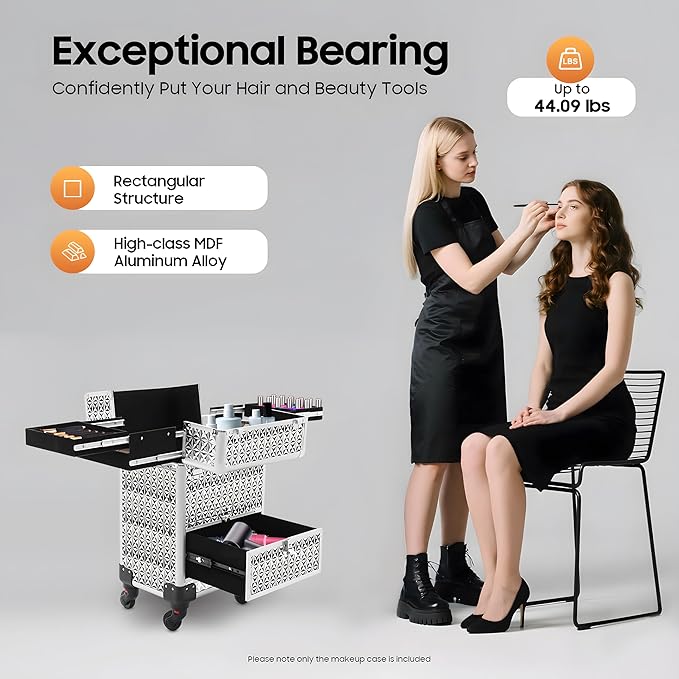 Rolling Makeup Train Case with Drawers, Portable Rolling Makeup Cart with Wheels, Silver Cosmetology Storage Cart with 6 Compartments for Makeup Artists, Hairdressers, Pet Groomers