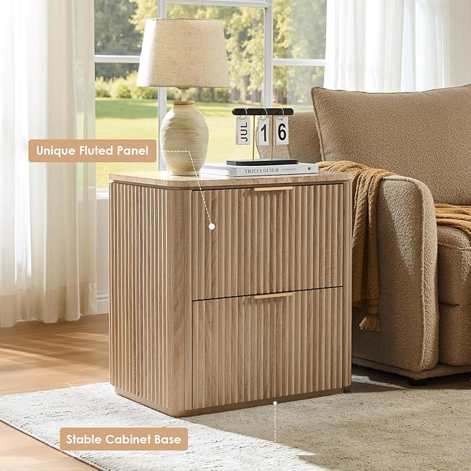 Fluted Nightstand Set of 2, Bedside Table with 2 Drawers, Engineered Wood End Table with Faux Marble-Top, Curved Corners, Metal Handle, Modern Night Stand for Bedroom, Small Spaces, Natural Oak