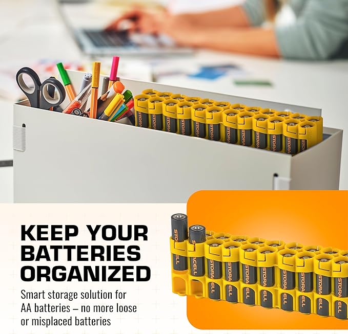 AA Battery Storage Caddy by Storacell, Yellow - Holds 24 Batteries (Not Included)