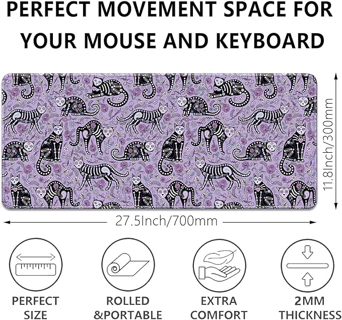 Gothic Cat Skeleton Flowers Mouse Pad,Extended Cat and Floral Mousepad Desk Pad with Stitched Edges,Non-Slip Waterproof Rubber Base Mouse Mat for Office Computer Keyboard Laptop Home(27.5x11.8 in)