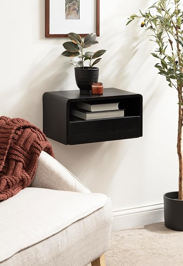 Kate and Laurel Kato Modern Wood Floating Side Table with Drawer; 18 x 10 x 9; Black; Contemporary Wooden Floating Nightstand for Bedroom Bedside Table