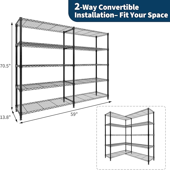5-Tier Storage Shelving Unit Metal Shelves 59" W Wire Shelving, 70" H L-Shaped Pantry Shelves Kitchen Storage Shelves for Home Commercial Garage Heavy Duty, 70.5" H x 59" W x 13.8" D