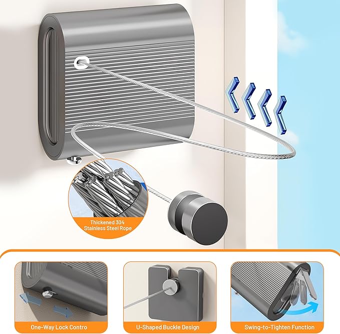 Retractable Clothesline Indoor Outdoor, Non-Sagging Clothes Line Retracting Heavy Duty Clothes Drying Laundry Line Wall Mounted Travel Clothesline Suitable for Balconies, Laundry Rooms, RVs