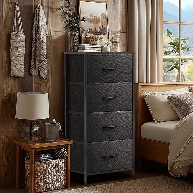 4 Fabric Drawer Dresser for Bedroom, Chest of Drawers with Waterproof Wood Top Tall Dresser for Hallway, Living Room, Kid Room (Charcoal Black)