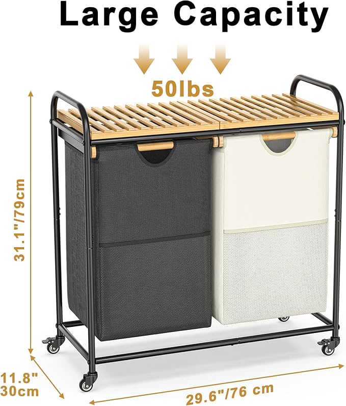 Laundry Sorter 2 Section, Laundry Hampers with Removable Shelf and Pull-Out Bags, Rolling Cart Clothes Hampers Basket with Wheels for Laundry Room Bathroom, 2 x 46 L