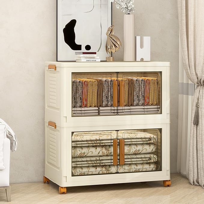 Plastic Stackable Storage Bins with Lids and Wheels, Foldable Closet Organizers and Storage Containers, Collapsible Clear Drawer Storage Cabinet with Doors Ivory White 304 QT
