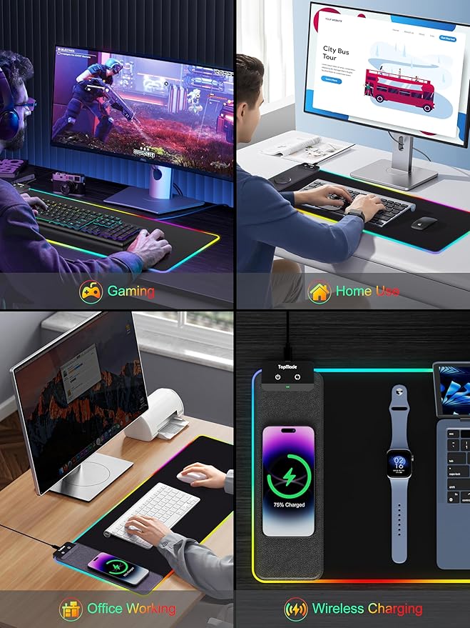 TopMade Mouse Pad with Wireless Charging, 31.5" x 11.81" Large Desk Mat RGB Gaming Mousepad, LED Desk Pad Keyboard Pad, Waterproof Desk Pad (Includes 20W PD Power Adapter & 6.56ft Woven Cable)