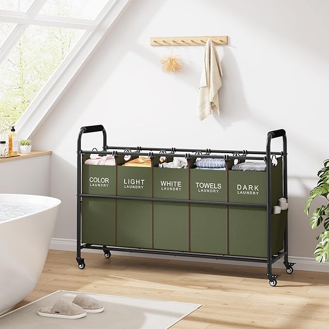 Tajsoon 5 Sections Laundry Sorter, Laundry Hamper with Heavy Duty Lockable Wheels and Removable Bags, 5 Bag Laundry Sorter Cart for Dirty Clothes Storage, Green