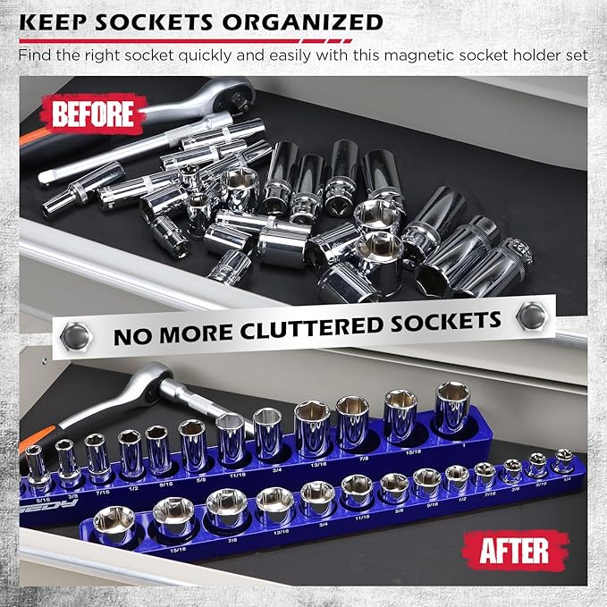 2-Piece 3/8"-Drive SAE Magnetic Socket Organizer Set (Holds 26 Sockets) - Detachable Tool Tray with 5mm Magnetic Base, Screw-Fixed Design & Heavy-Duty Modular Storage for Garage/Home Workshop
