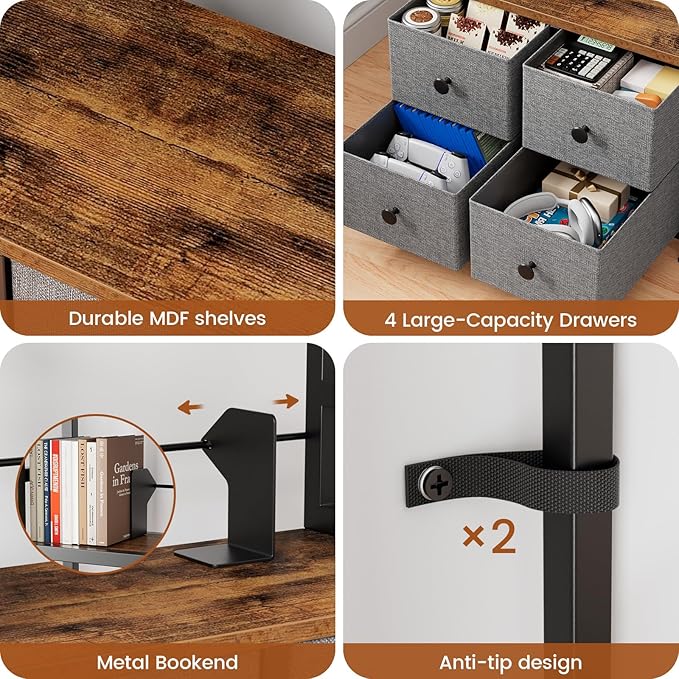 5 Tier Bookshelf, Modern Bookcase with Bookends and 4 Drawers Storage Organizer, Metal Industrial Display Shelf, Free Standing Storage Shelving Unit for Bedroom, Living Room and Home Office