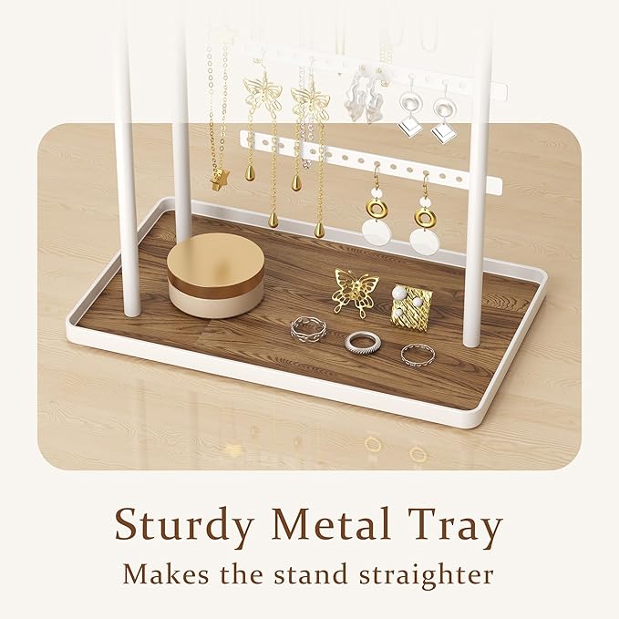 Jewelry Holder Organizer Stand - Adjustable Tall 17.5" (Max), Sturdy Jewelry Hanger for Necklaces, Earrings, Bracelets, Rings, Jewlery Display and Storage, White, Metal