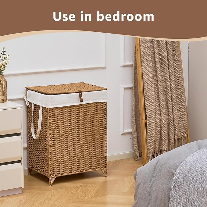 Laundry Hamper with Lid and Removable Liner Bag, Handwoven Rattan Clothes Hamper with Heightened Feet, Wicker Laundry Basket for Clothes and Towels，Middle