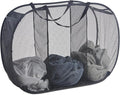 Mesh Popup Laundry Hamper 3 Compartment Sortable Horizontal Collapsible Laundry Basket for Clothes Laundry Room Bedroom Toys Travel (Black)