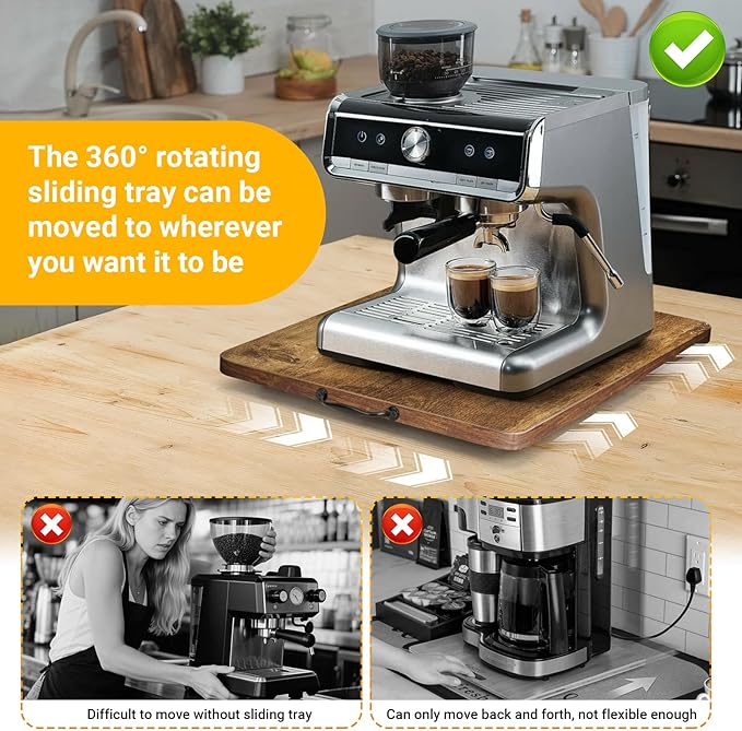 Sliding Tray for Coffee Maker, 360° Rotating Appliance Slider for Kitchen Appliances, Wooden Sliding Tray Suitable for Kitchen Countertops and Kitchen Appliances.(Brown, Large)