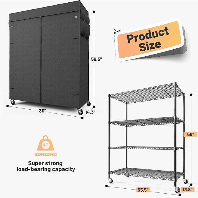 REIBII 4-Tier Storage Shelves Wire Shelving Unit with Cover & Wheels, Heavy Duty Metal Shelving for Dorm Storage Shelves, Garage Storage Rack Commercial Shelf, Pantry, Kitchen, 36" W*14.3" D*56.5" H