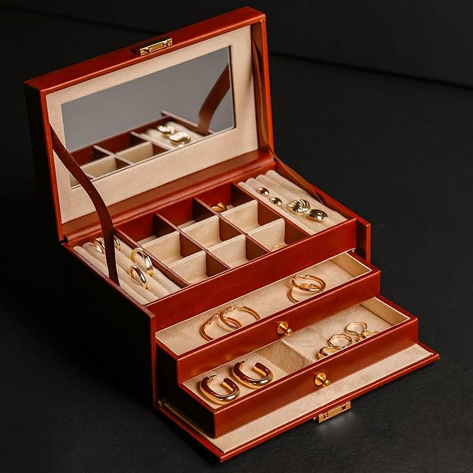 Time Resistance Jewelry Box - Full Grain Leather Jewellery Organizer - Accessories Storage - Key Lock Box for Women (Cognac Brown)
