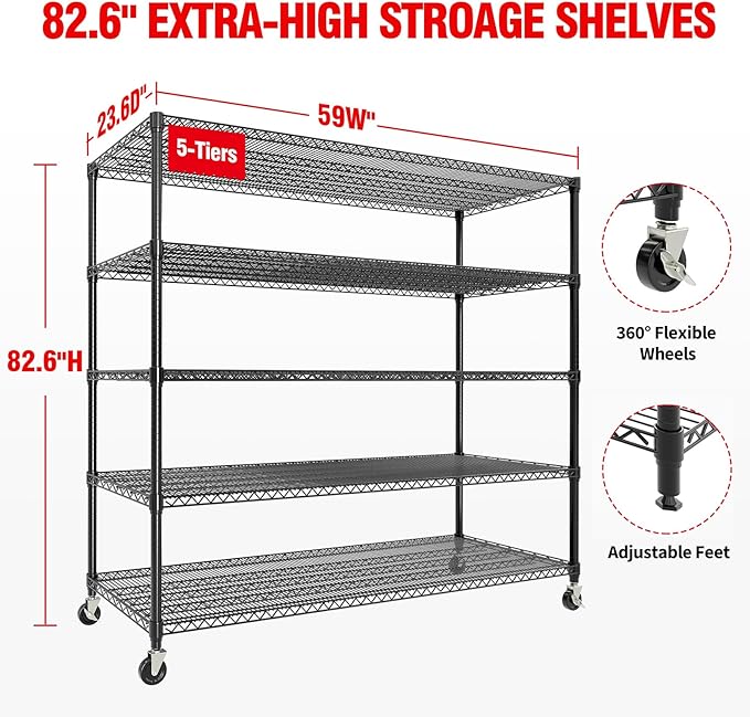 82" H Storage Shelves 3300LBS Heavy Duty Shelving Unit with Wheels & Feet, 5-Tiers Garage Shelving for Pantry Garage Kitchen Home Commercia, 82.6" H x 59" W x 23.9" D