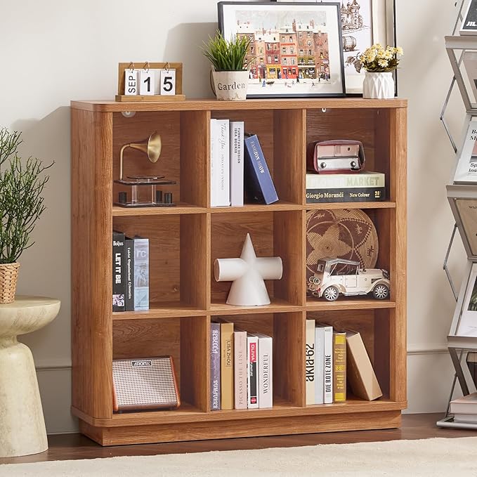 9 Cube Storage Book Shelf, 41" Tall Organizer Bookshelf with Curved Edge, Wood Floor Standing 3-Tier Cubby Bookcase with Base, Country Rustic Display Book Case for Library, Office, Brown