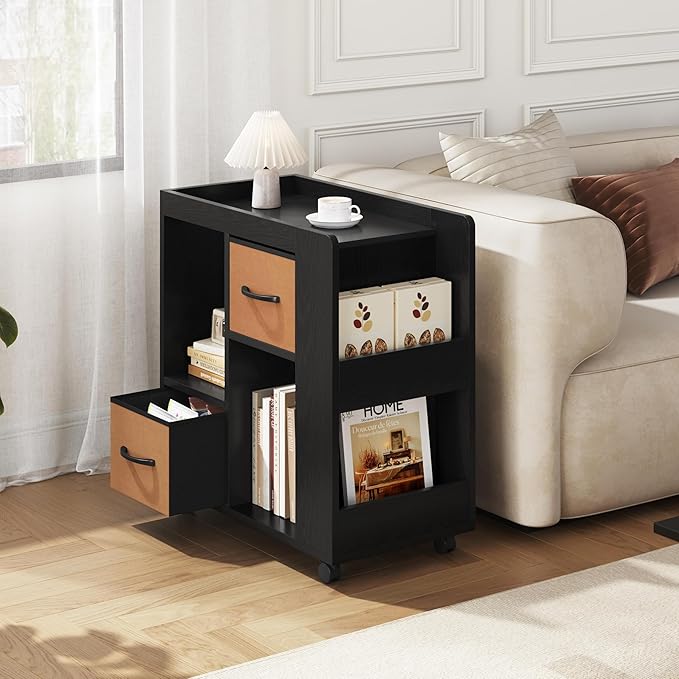 Yaheetech Narrow Side Table with Storage, Wooden Rolling Nightstand Bedside Table with Wheels, Magazine Racks and Open Shelves, End Table with Drawers for Living Room Bedroom, Black