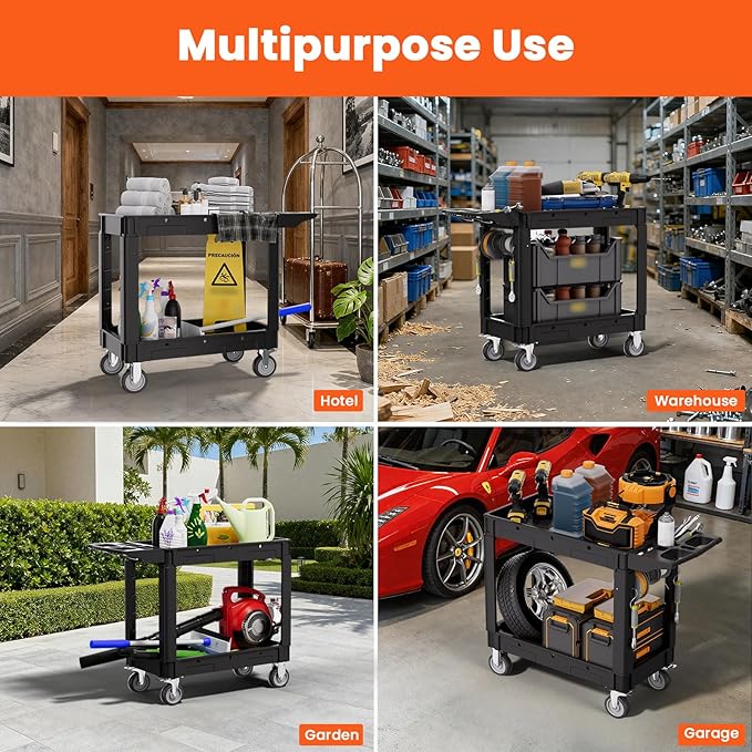 2 Tier Plastic Rolling Utility Cart on Wheels, Heavy Duty Tool Cart with Deep Shelves and 360° Swivel Wheels Holds up to 550 lbs, Service Cart for Warehouse,Garage, Cleaning (Black-M)