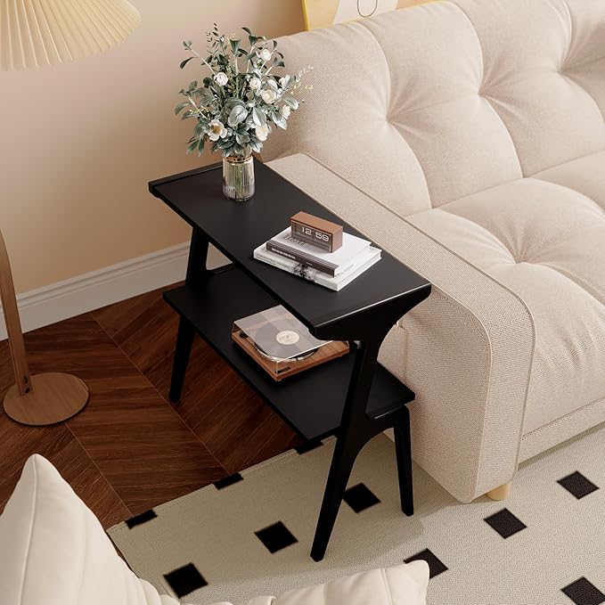 Set of 2 Solid Wood End Table, 2-Tier Side Table with Storage Shelf, Wooden Modern Accent Slim Bedside Table for Sofa, Living Room, Bedroom, Small Space, Easy Assembly, Black