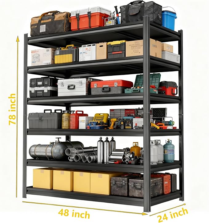 Metal Shelving, Garage Shelving Unit and Storage,Adjustable Storage Shelves, 3000LBS Storage Steel Shelving, for Kitchen Warehouse Pantry Commercial Use, Basement (78in×48in×24in-6 Tier)