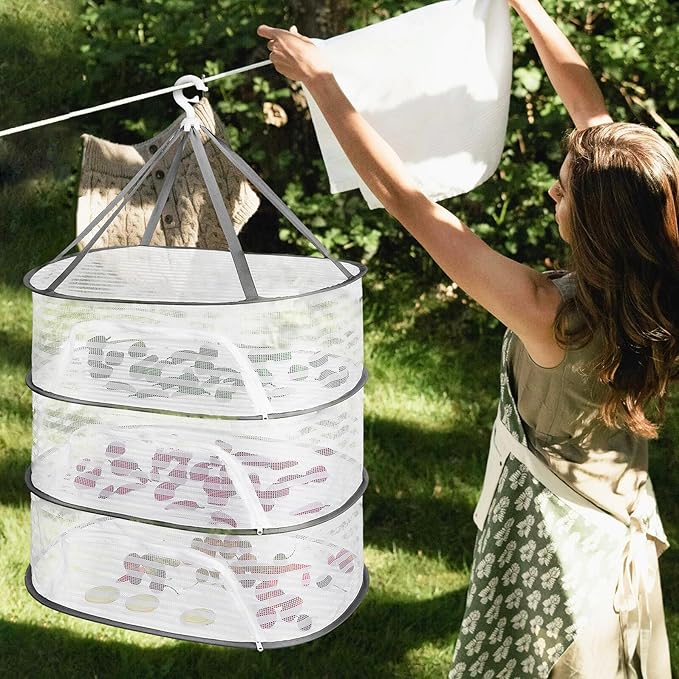 Toyvian Hanging Drying Rack with Zipper Mesh Net Windproof Clothes Organizer for Sweaters Underwear and Vegetables Ventilated Laundry Hanger for Indoor Outdoor Use