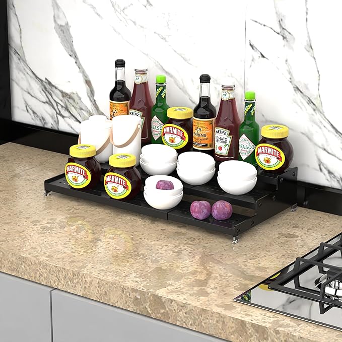 Metal Spice Rack Organizer for Cabinet, 3 Tier Expandable Spice Storage shelf, Great for Kitchen Cabinets, Cupboard,Pantry and Countertop More,Metal plate with hole(2PACKS/BLACK)