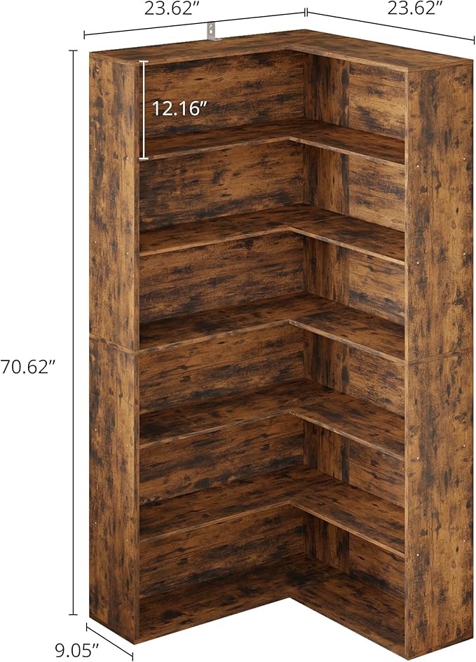 ANCTOR Corner Bookshelf, 6 Tiers Corner Bookcases with Baffles Etagere Shelf Storage Rack for Living Room Home Office, Vintage Brown