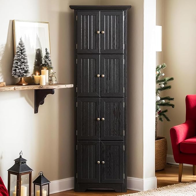 72" H Farmhouse Corner Storage Cabinet with 8 Doors & 4 Shelves, 4 Tier Kitchen Corner Pantry Cabinet Wooden Organizer Case Bookshelf, Home Space Saver Cabinet for Kitchen,Living Room(Black)