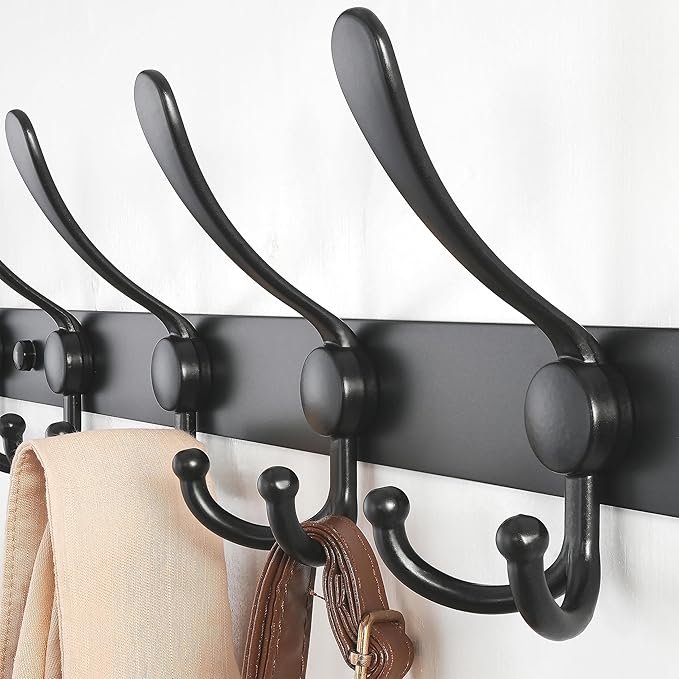 Dseap Coat Rack Wall Mount - 38” Long 10-Tri-Hooks Heavy Duty Coat Hanger Rail Wall Hooks for Hanging Coats Hats Clothing Clothes Purse Mudroom Entryway, Black