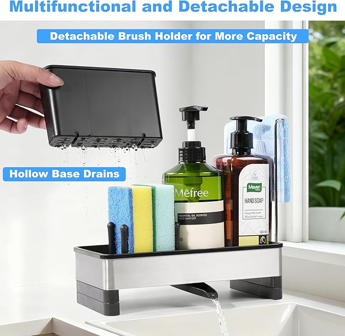 Kitchen Sink Caddy Organizer with Dish Brush Holder, Stainless Steel Sponge Holder with Dish Cloth Rack, Soap Sponge Caddy for Kitchen Countertop Sink Organizer and Storage Essentials