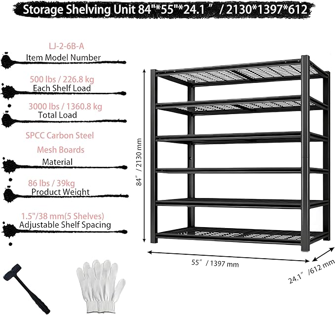 Standing Shelf Units Heavy Duty Storage Rack Industrial Wire Mesh Shelving Double Layer Support Floor Mount Black Steel 3000LBS for Warehouse Basement Garage 84" H x 55" W x 24.1" D 6-Tier