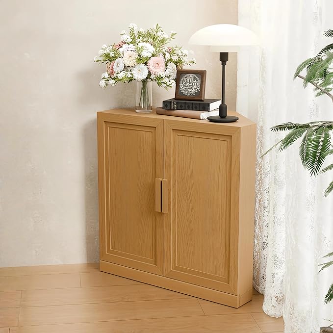 Casaphoria Farmhouse Corner Cabinet, Wooden Corner Storage Cabinet with Adjustable Shelves, Narrow Storage Organizer for Small Space, 31" H x 31" W x 16" D, 44Lb, Oak