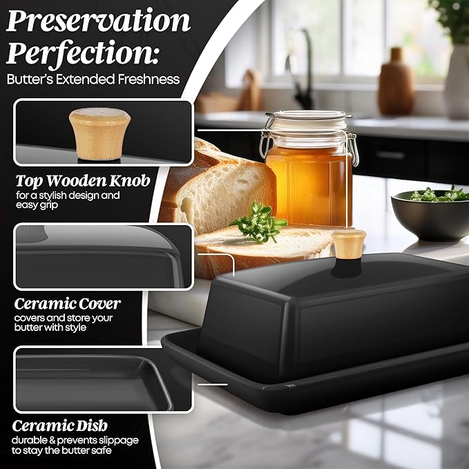 Flexzion Ceramic Black European Butter Dish with Lid for Countertop (8 Inch) - Wide 2 Stick Double Butter Holder for Counter, Cream Cheese Container Storage Keeper