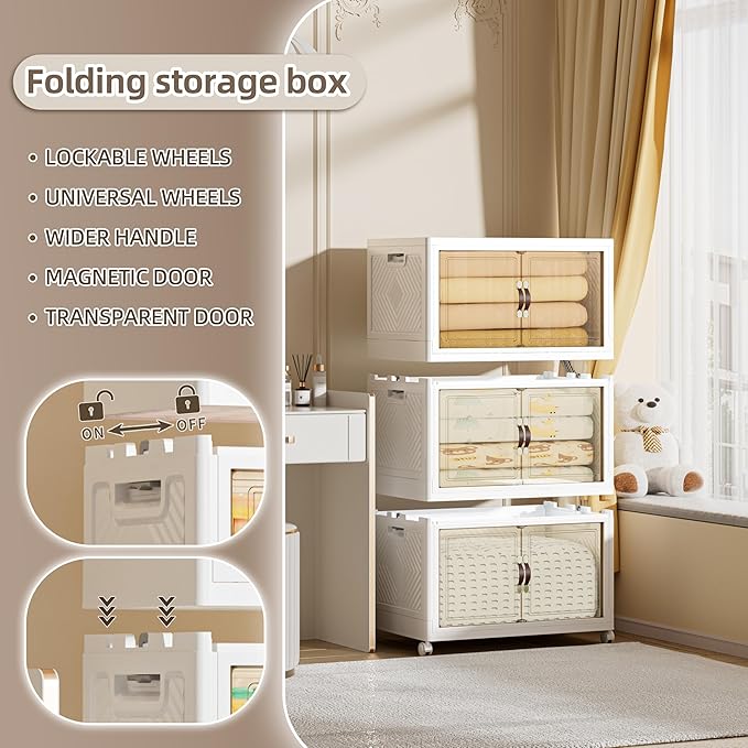 312 QT / 78 Gal Large Foldable Stackable Plastic Storage Cabinet with Double Magnetic Doors, Leather Handles & 4 Wheels - Organize Home, Office, Closet