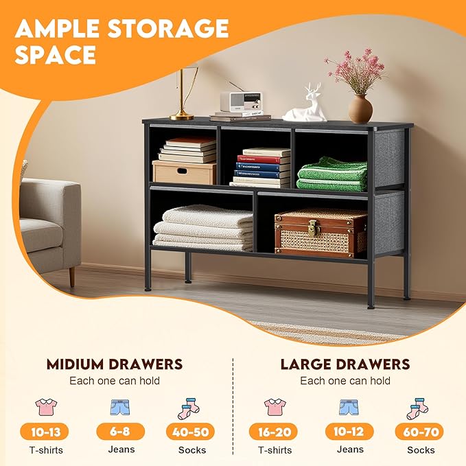 Curved Profile Dresser for Bedroom, Chest of Drawers, 5 Storage Drawers Organizer Unit, Gery Dresser with Fabric Bins for Closet, Living Room, Kid Room (Grey and Charcoal Black)