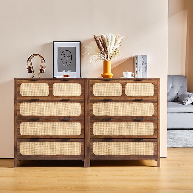4 Drawer Dresser with Rattan Finish, Modern Farmhouse Chest of Drawers with Metal Handles, Accent Wood Storage Cabinet for Bedroom, Living Room (Walnut-4 Drawers)