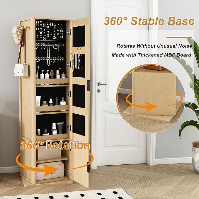 Montary 360° Rotating Makeup & Jewelry Cabinet with Full-Length Mirror - Standing Storage Organizer with Coat Rack, 4-Tier Open & Built-in Shelves, Walnut