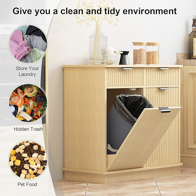 Natural Double Tilt Out Laundry Hamper Cabinet Laundry Basket Cabinet Hidden Laundry Hamper with 2 Drawers & 2 Baskets for Bathroom Bedroom,30x30x16in